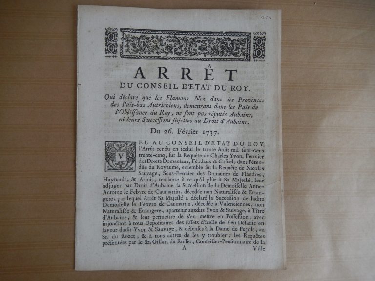 Arrêt du Conseil d’État du Roy -  Les Flamans Nez dans les Provinces des Pays-bas Autrichiens
