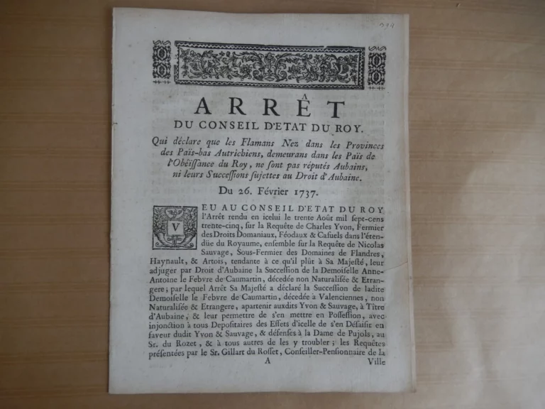 Arrêt du Conseil d’État du Roy - Les Flamans Nez dans les Provinces des Pays-bas Autrichiens Arrêt du Conseil d’État du Roy - Les Flamans Nez dans les Provinces des Pays-bas Autrichiens