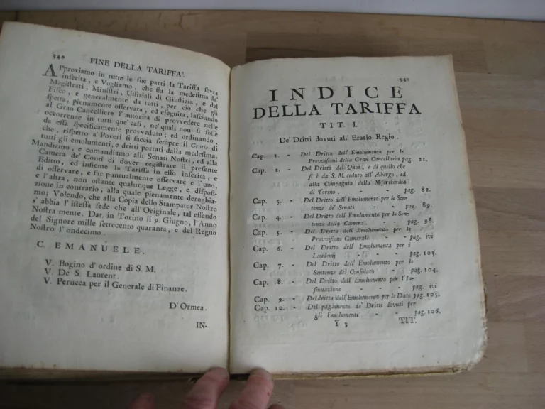 Edito di S.M. riguardante alcune dichiarazioni Sopra le Generali Costitutioni e Contenente la Tariffa degli Emolument