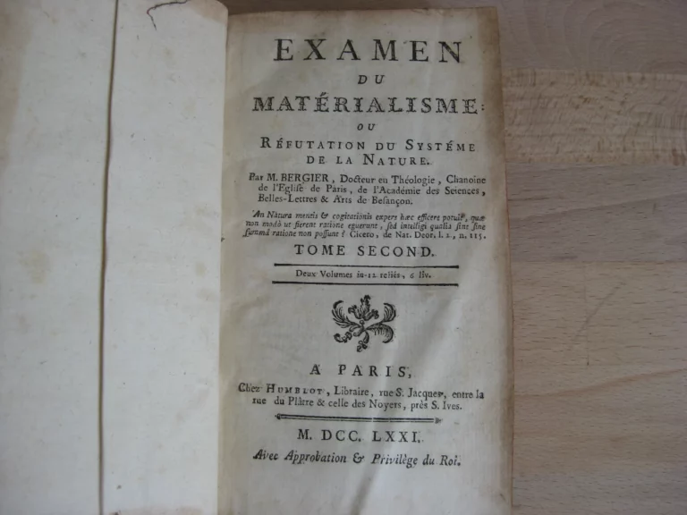Examen du matérialisme ou réfutation du système de la nature, 2 tomes complet Examen du matérialisme ou réfutation du système de la nature, 2 tomes complet