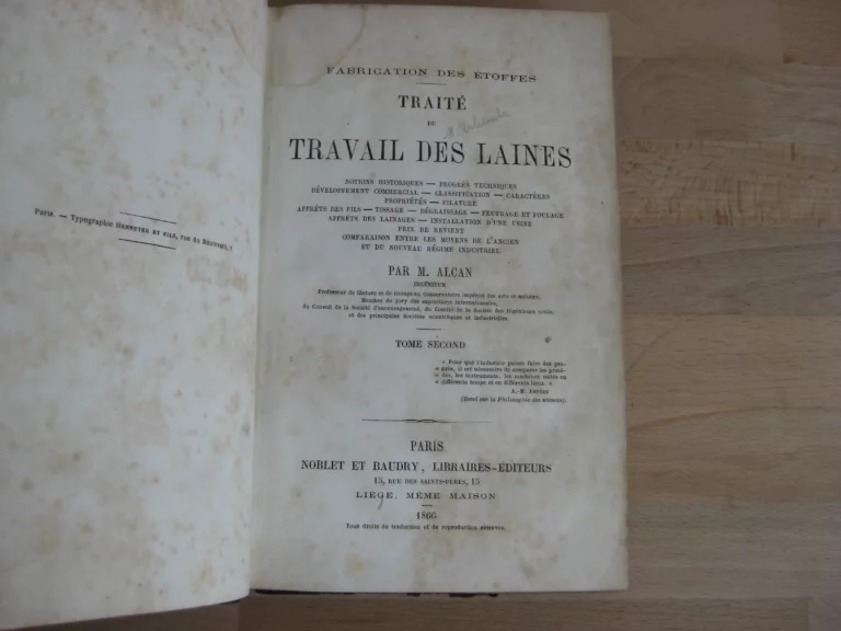 Traité du travail des laines peignées. De l’alpaga, du poil de chèvre, du cachemire etc