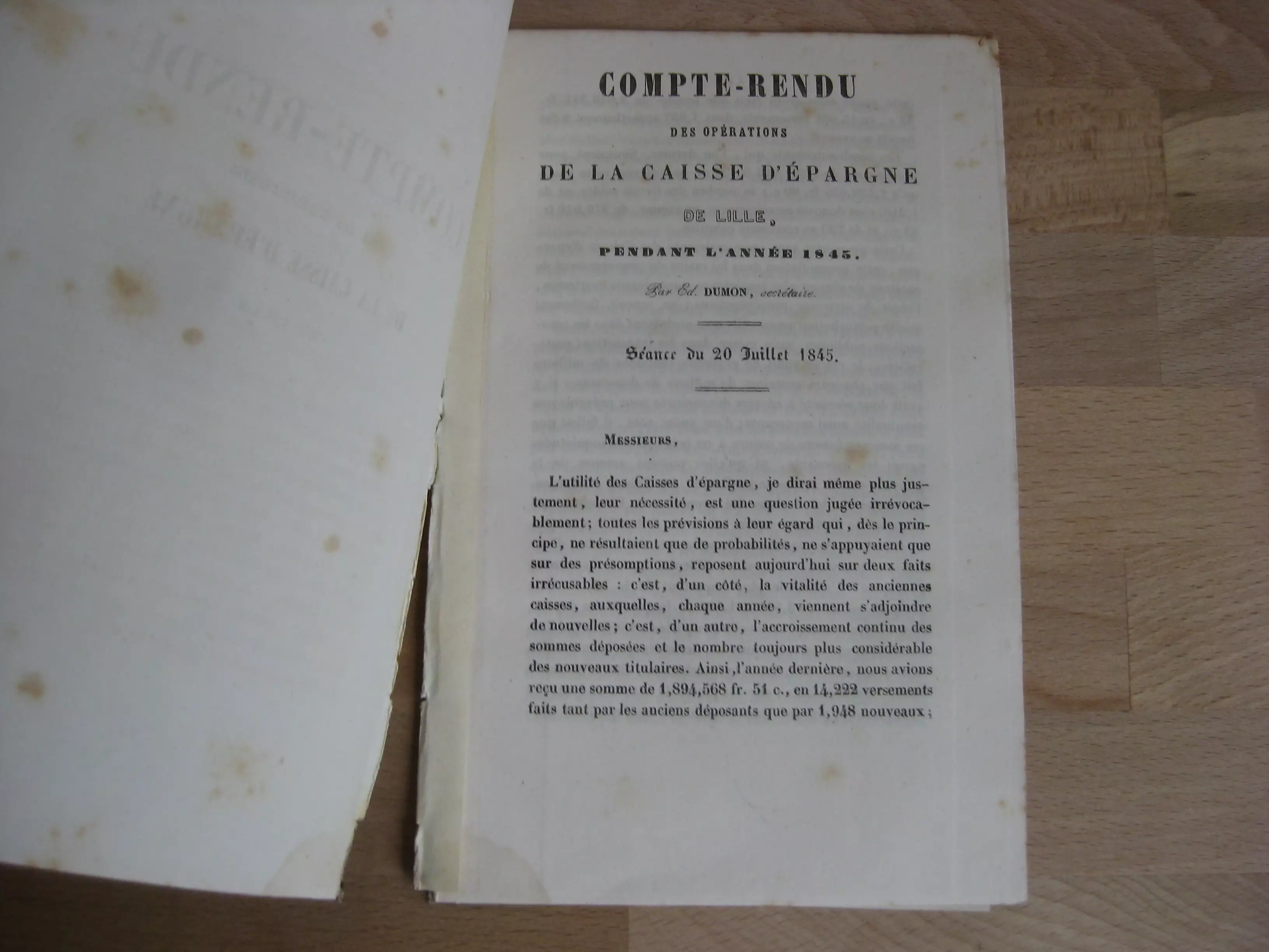 Compte-rendu des opérations de la caisse d’épargne de Lille pendant l’année 1845