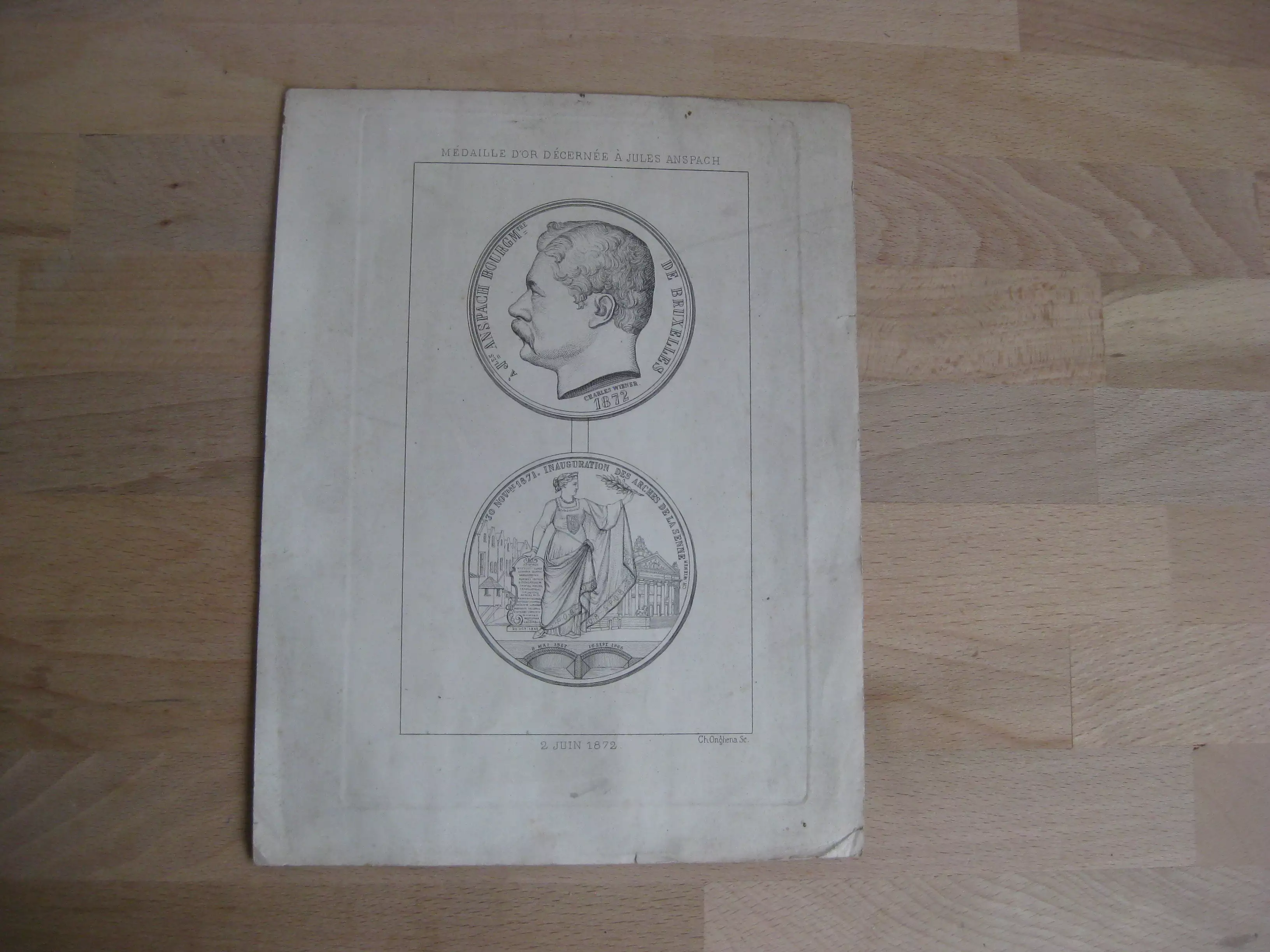 Gravure - Médaille décernée à Jules Anspach