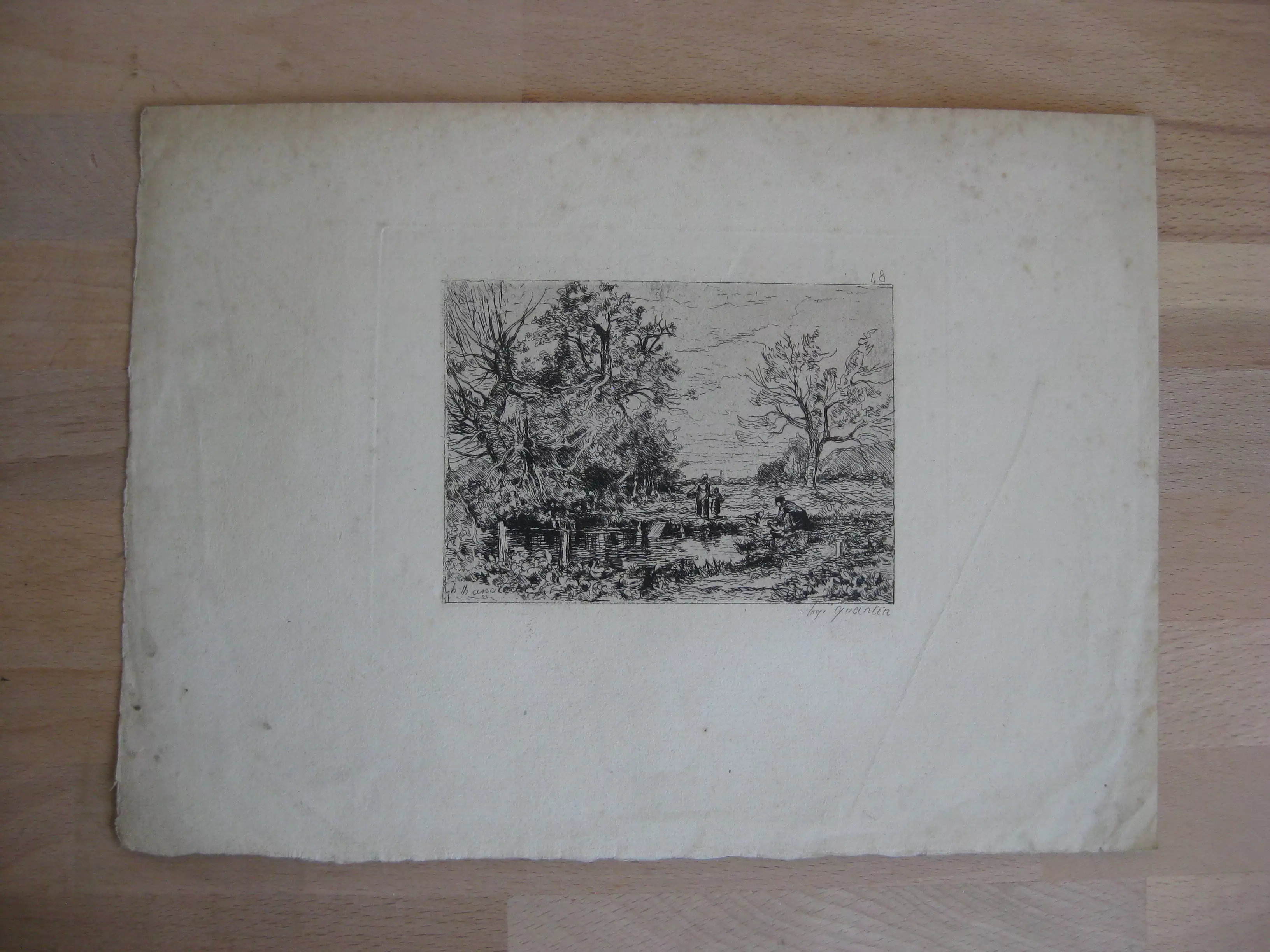 Gravure ancienne Imprimerie Quantin - Paysage animé, signé. sur vergé
