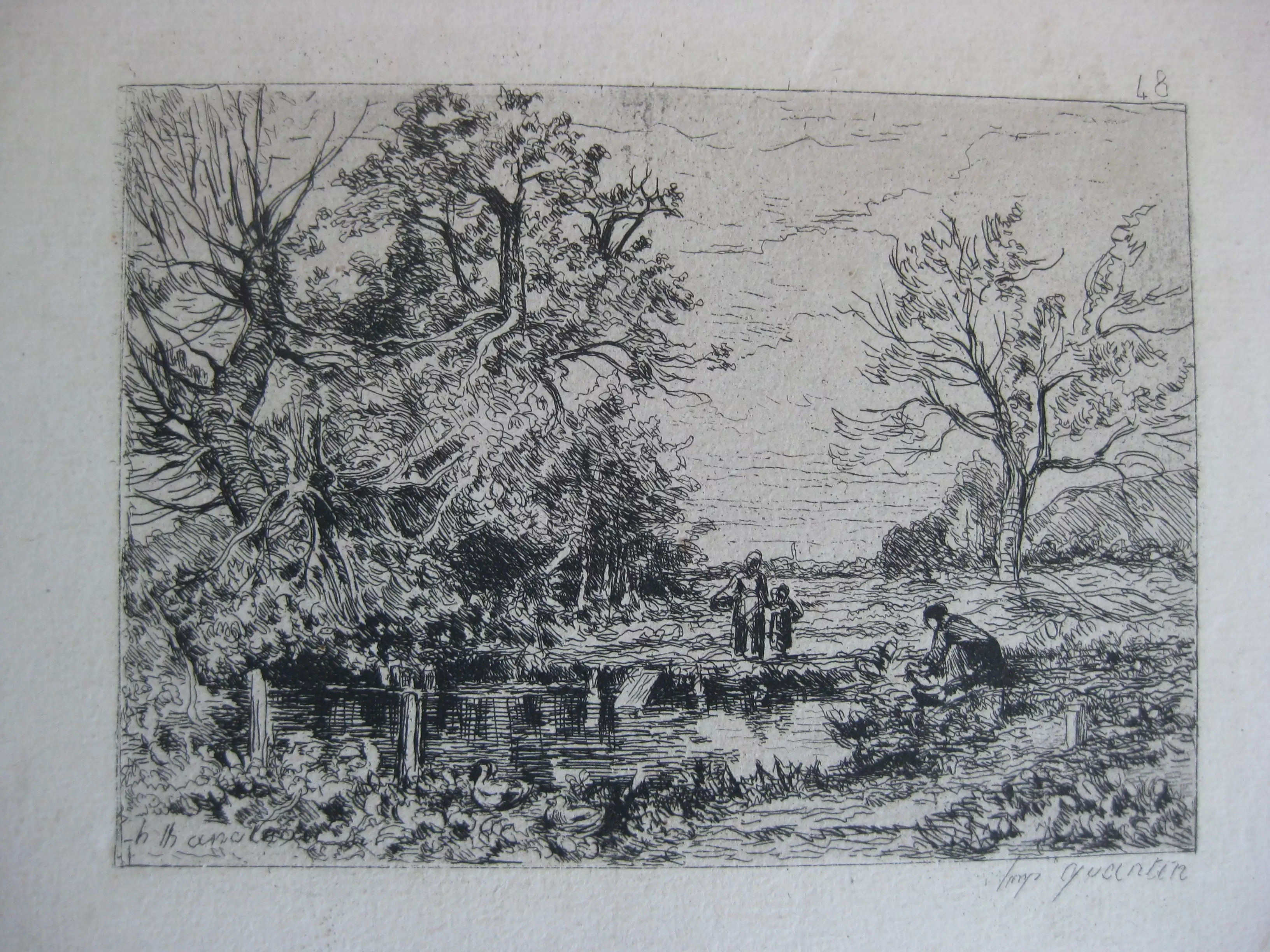 Gravure ancienne Imprimerie Quantin - Paysage animé, signé. sur vergé